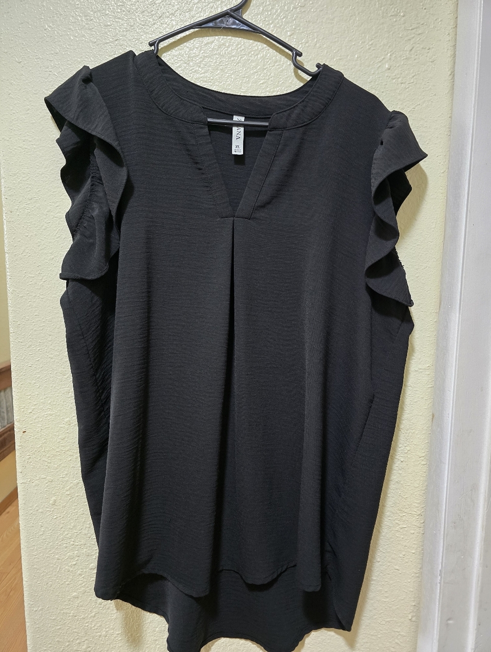 Ruffle Sleeve Black V-Neck Blouse